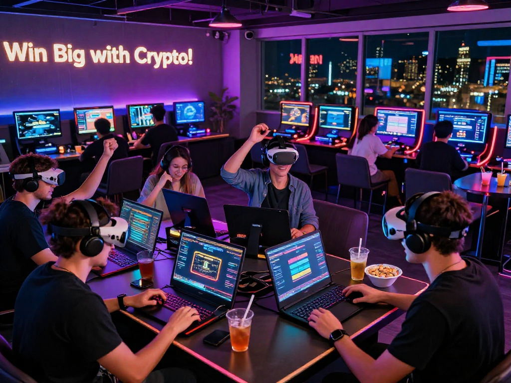 Crowd enjoying a vibrant crypto casino experience with high-tech gaming stations and blockchain graphics.